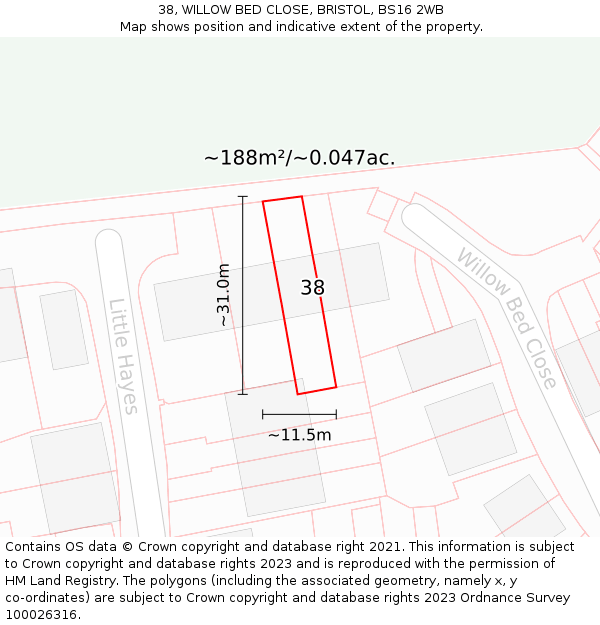 38, WILLOW BED CLOSE, BRISTOL, BS16 2WB: Plot and title map
