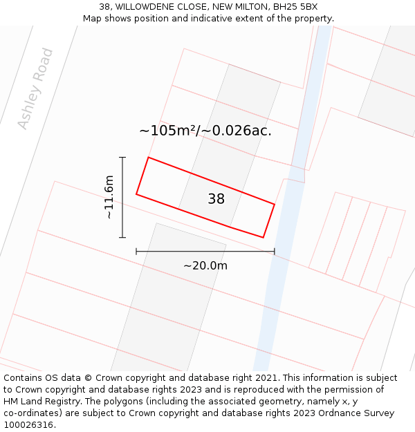 38, WILLOWDENE CLOSE, NEW MILTON, BH25 5BX: Plot and title map