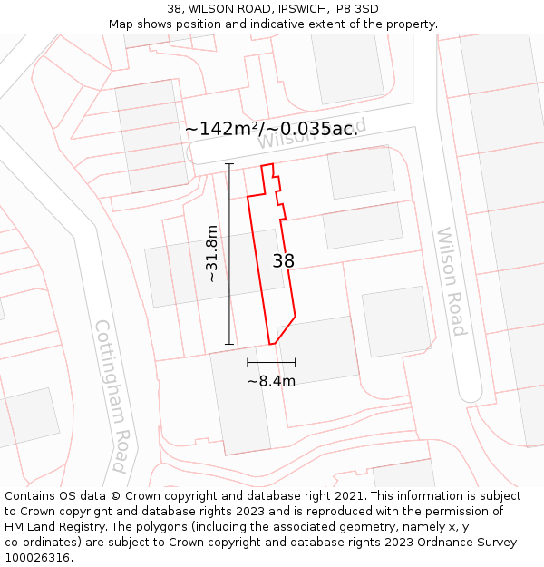 38, WILSON ROAD, IPSWICH, IP8 3SD: Plot and title map