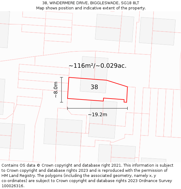 38, WINDERMERE DRIVE, BIGGLESWADE, SG18 8LT: Plot and title map