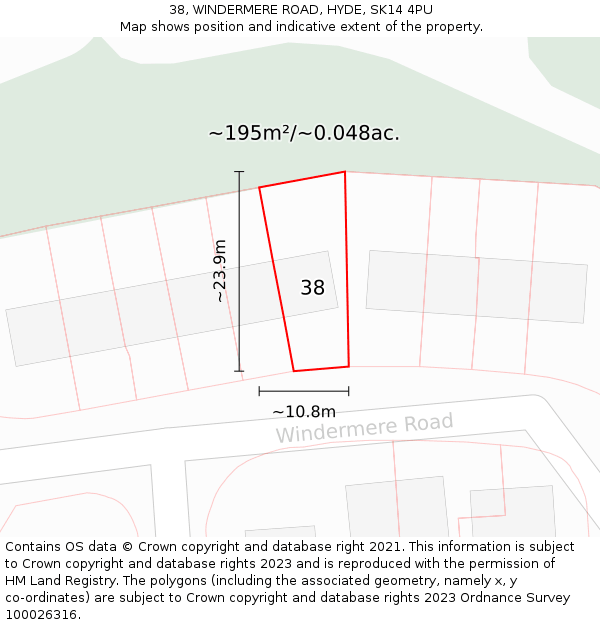 38, WINDERMERE ROAD, HYDE, SK14 4PU: Plot and title map