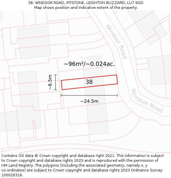 38, WINDSOR ROAD, PITSTONE, LEIGHTON BUZZARD, LU7 9GD: Plot and title map