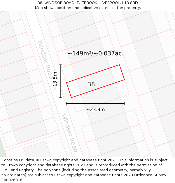 38, WINDSOR ROAD, TUEBROOK, LIVERPOOL, L13 8BD: Plot and title map