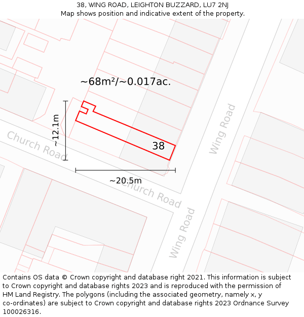 38, WING ROAD, LEIGHTON BUZZARD, LU7 2NJ: Plot and title map
