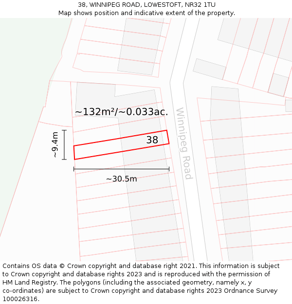 38, WINNIPEG ROAD, LOWESTOFT, NR32 1TU: Plot and title map