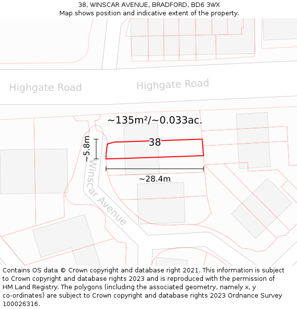 38, WINSCAR AVENUE, BRADFORD, BD6 3WX: Plot and title map