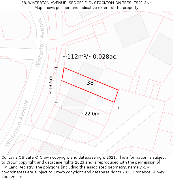 38, WINTERTON AVENUE, SEDGEFIELD, STOCKTON-ON-TEES, TS21 3NH: Plot and title map
