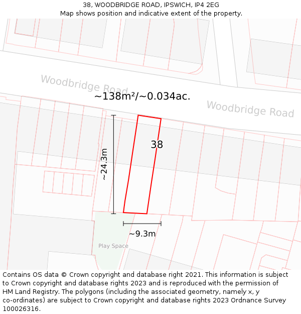 38, WOODBRIDGE ROAD, IPSWICH, IP4 2EG: Plot and title map