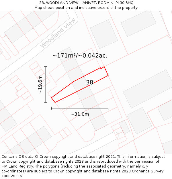 38, WOODLAND VIEW, LANIVET, BODMIN, PL30 5HQ: Plot and title map