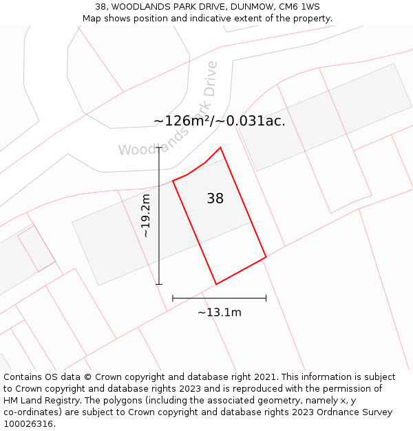 38, WOODLANDS PARK DRIVE, DUNMOW, CM6 1WS: Plot and title map