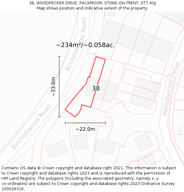 38, WOODPECKER DRIVE, PACKMOOR, STOKE-ON-TRENT, ST7 4GJ: Plot and title map
