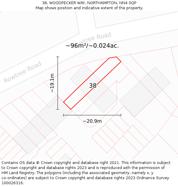 38, WOODPECKER WAY, NORTHAMPTON, NN4 0QP: Plot and title map