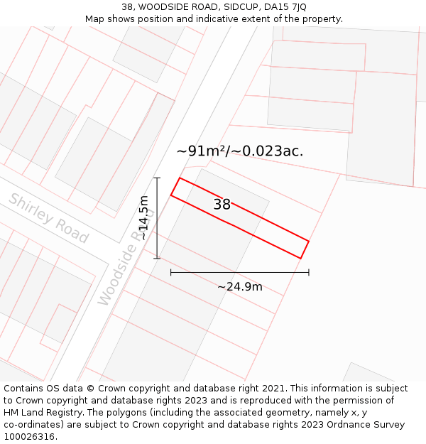 38, WOODSIDE ROAD, SIDCUP, DA15 7JQ: Plot and title map