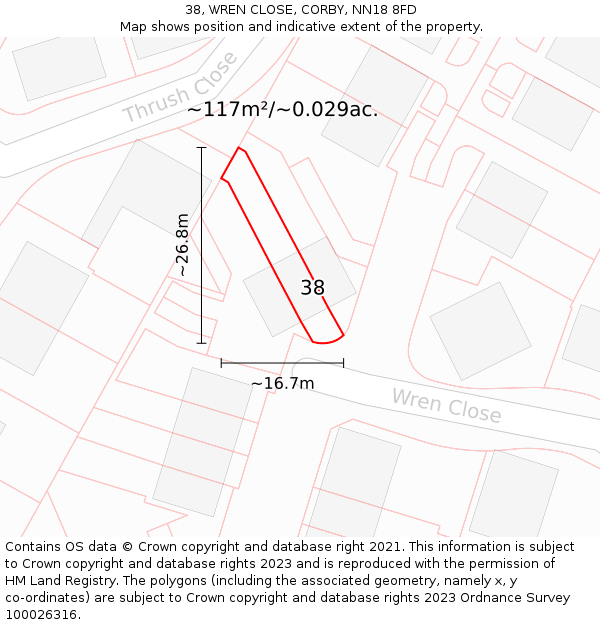 38, WREN CLOSE, CORBY, NN18 8FD: Plot and title map