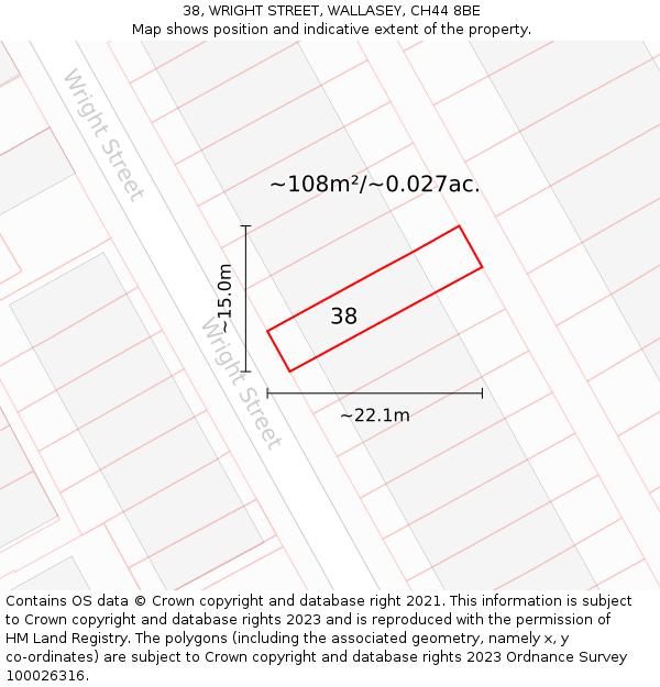 38, WRIGHT STREET, WALLASEY, CH44 8BE: Plot and title map