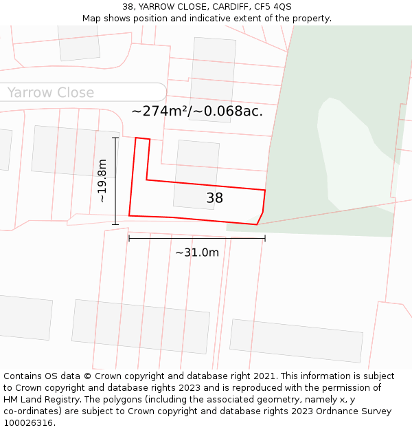 38, YARROW CLOSE, CARDIFF, CF5 4QS: Plot and title map
