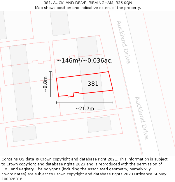 381, AUCKLAND DRIVE, BIRMINGHAM, B36 0QN: Plot and title map