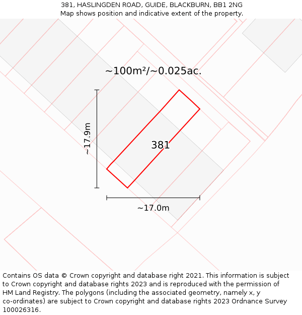 381, HASLINGDEN ROAD, GUIDE, BLACKBURN, BB1 2NG: Plot and title map