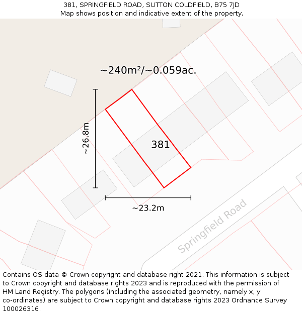 381, SPRINGFIELD ROAD, SUTTON COLDFIELD, B75 7JD: Plot and title map