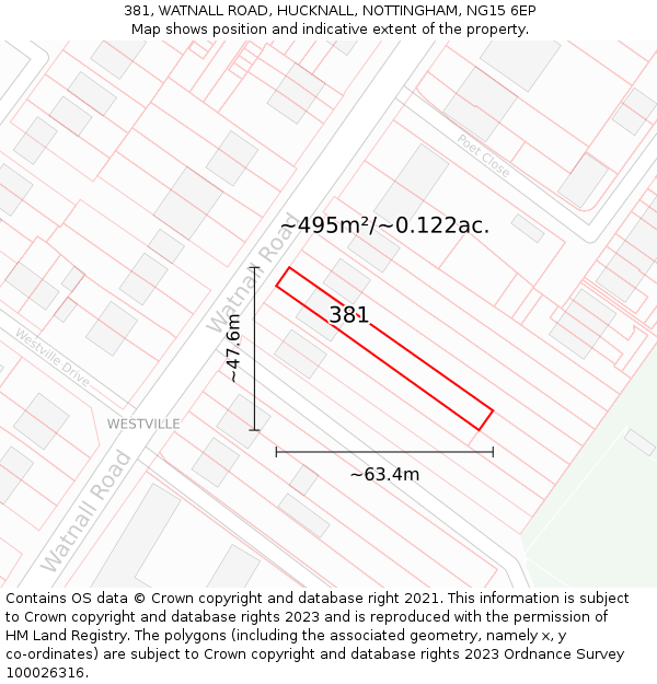 381, WATNALL ROAD, HUCKNALL, NOTTINGHAM, NG15 6EP: Plot and title map