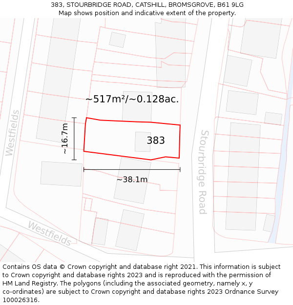 383, STOURBRIDGE ROAD, CATSHILL, BROMSGROVE, B61 9LG: Plot and title map