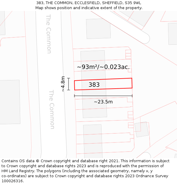 383, THE COMMON, ECCLESFIELD, SHEFFIELD, S35 9WL: Plot and title map