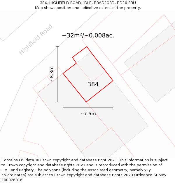384, HIGHFIELD ROAD, IDLE, BRADFORD, BD10 8RU: Plot and title map