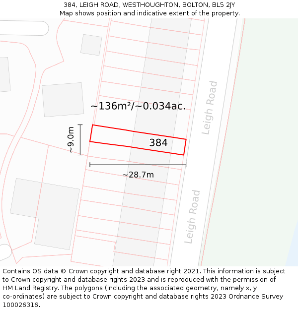 384, LEIGH ROAD, WESTHOUGHTON, BOLTON, BL5 2JY: Plot and title map