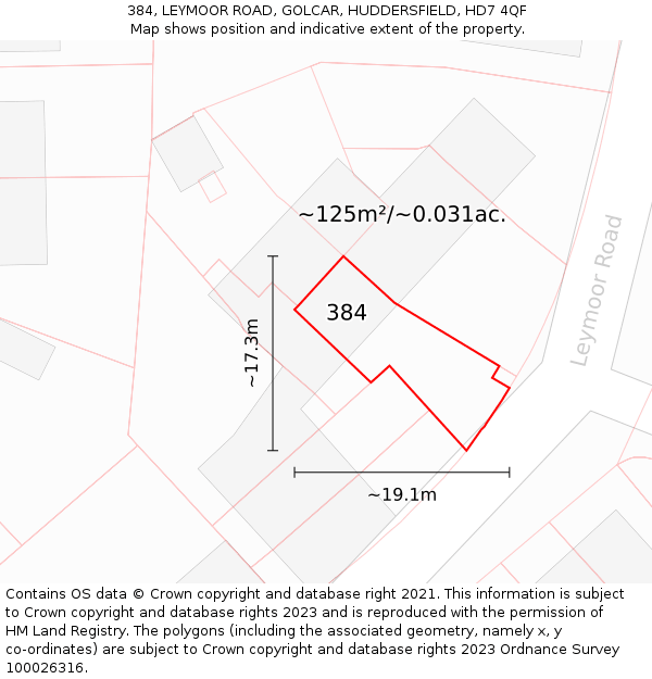 384, LEYMOOR ROAD, GOLCAR, HUDDERSFIELD, HD7 4QF: Plot and title map
