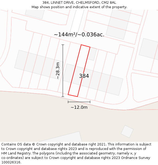 384, LINNET DRIVE, CHELMSFORD, CM2 8AL: Plot and title map