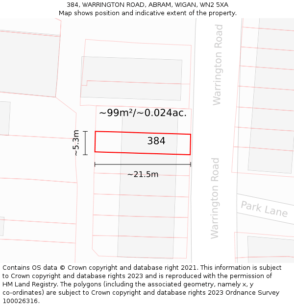 384, WARRINGTON ROAD, ABRAM, WIGAN, WN2 5XA: Plot and title map