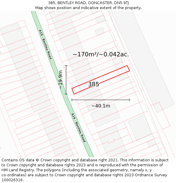 385, BENTLEY ROAD, DONCASTER, DN5 9TJ: Plot and title map