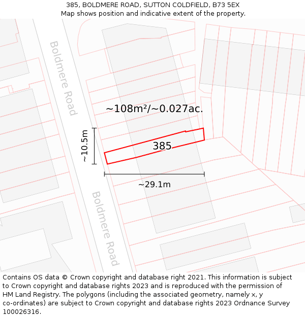385, BOLDMERE ROAD, SUTTON COLDFIELD, B73 5EX: Plot and title map