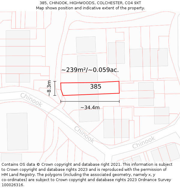385, CHINOOK, HIGHWOODS, COLCHESTER, CO4 9XT: Plot and title map