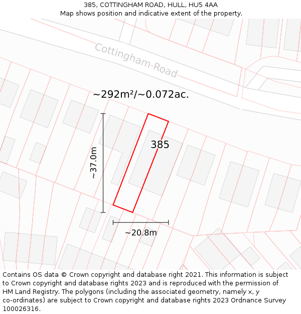 385, COTTINGHAM ROAD, HULL, HU5 4AA: Plot and title map