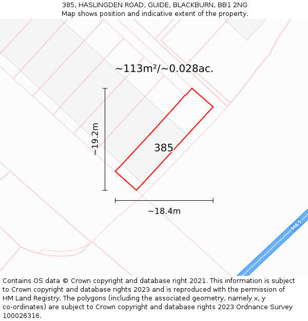 385, HASLINGDEN ROAD, GUIDE, BLACKBURN, BB1 2NG: Plot and title map