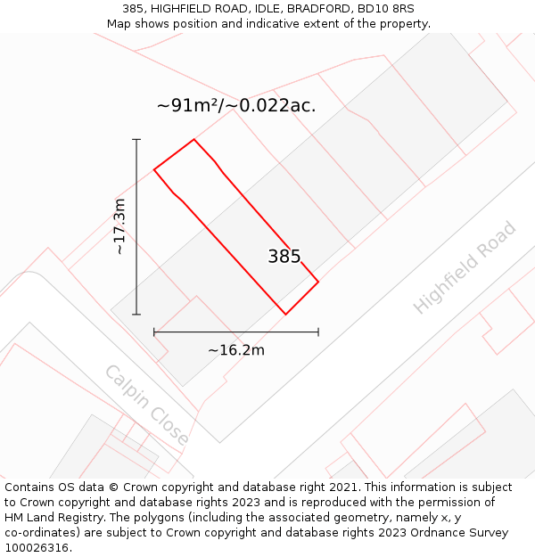 385, HIGHFIELD ROAD, IDLE, BRADFORD, BD10 8RS: Plot and title map