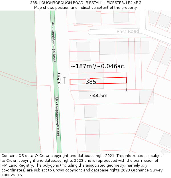 385, LOUGHBOROUGH ROAD, BIRSTALL, LEICESTER, LE4 4BG: Plot and title map
