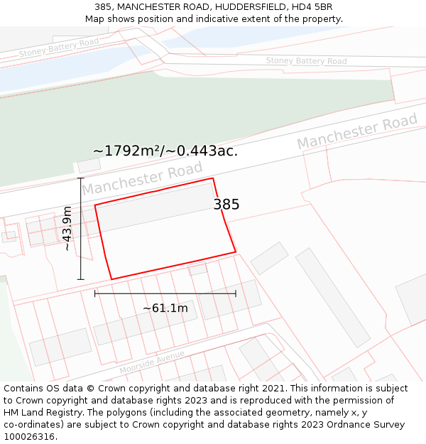385, MANCHESTER ROAD, HUDDERSFIELD, HD4 5BR: Plot and title map