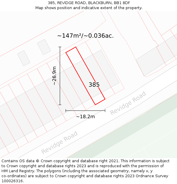 385, REVIDGE ROAD, BLACKBURN, BB1 8DF: Plot and title map