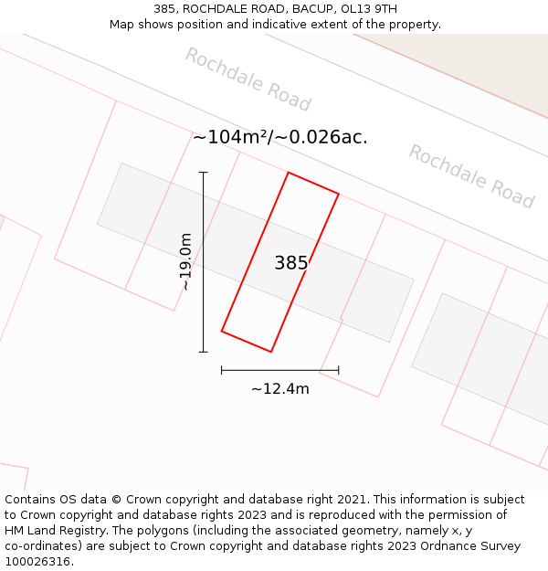385, ROCHDALE ROAD, BACUP, OL13 9TH: Plot and title map