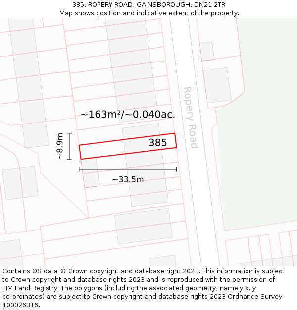 385, ROPERY ROAD, GAINSBOROUGH, DN21 2TR: Plot and title map
