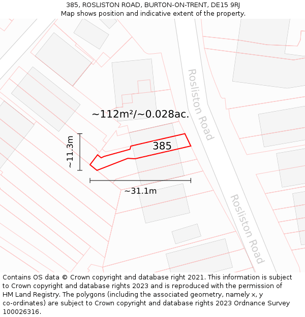 385, ROSLISTON ROAD, BURTON-ON-TRENT, DE15 9RJ: Plot and title map