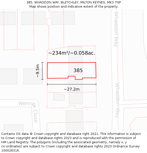 385, WHADDON WAY, BLETCHLEY, MILTON KEYNES, MK3 7NP: Plot and title map