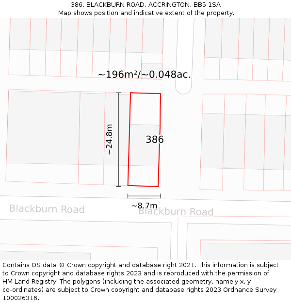 386, BLACKBURN ROAD, ACCRINGTON, BB5 1SA: Plot and title map