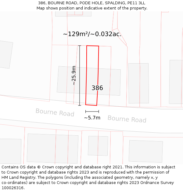 386, BOURNE ROAD, PODE HOLE, SPALDING, PE11 3LL: Plot and title map