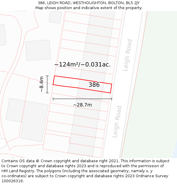 386, LEIGH ROAD, WESTHOUGHTON, BOLTON, BL5 2JY: Plot and title map
