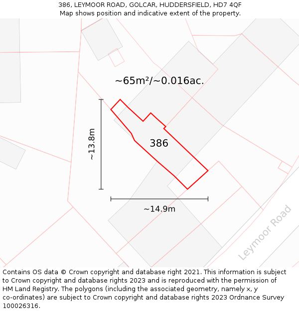 386, LEYMOOR ROAD, GOLCAR, HUDDERSFIELD, HD7 4QF: Plot and title map