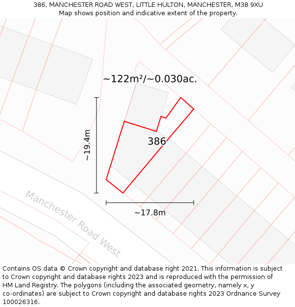 386, MANCHESTER ROAD WEST, LITTLE HULTON, MANCHESTER, M38 9XU: Plot and title map