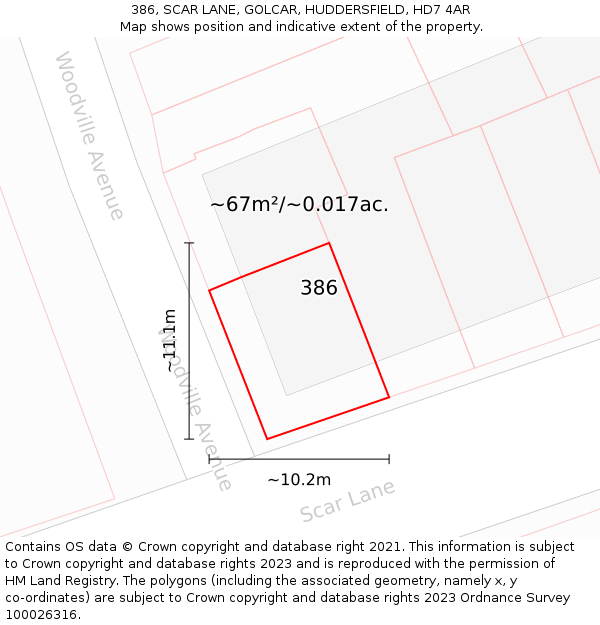 386, SCAR LANE, GOLCAR, HUDDERSFIELD, HD7 4AR: Plot and title map
